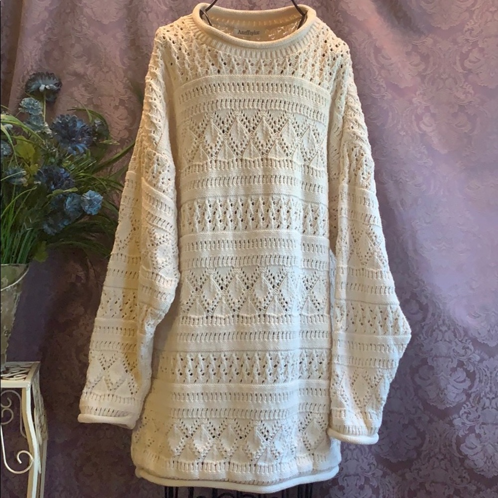 Ann Taylor Oversized Knit Sweater Cream 100% Cotton Rolled Cuff Loose Weave